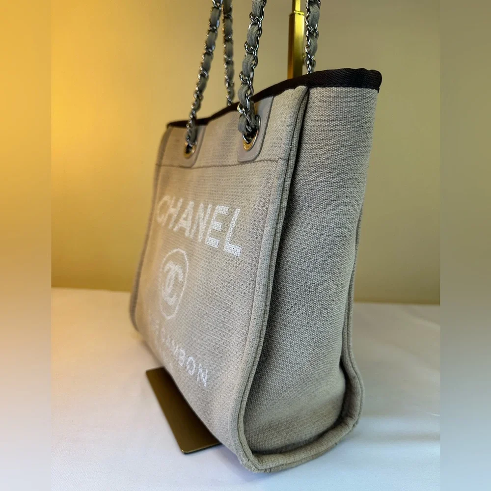 CHANEL CC Deauville Tan Canvas Small Tote SHW White Lettering COA - Picture 8 of 16